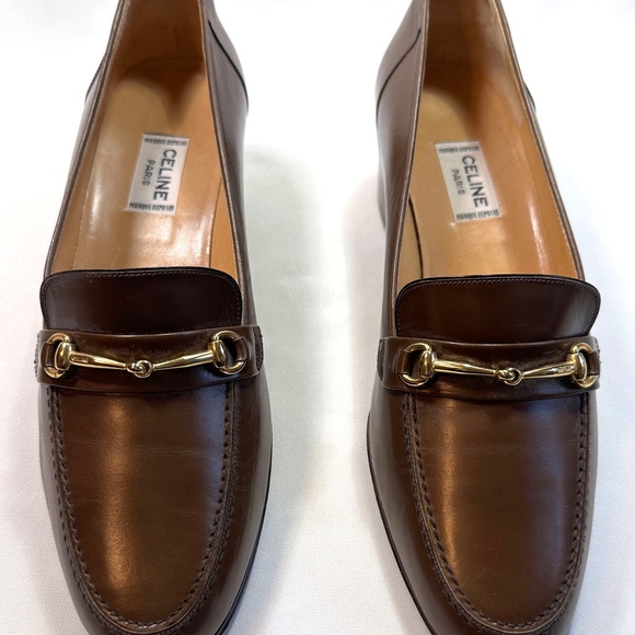 Vintage CELINE Brown Leather Loafer Pumps Gold Hardware Size 37.5 (37-1/2) US-7 - Picture 3 of 16